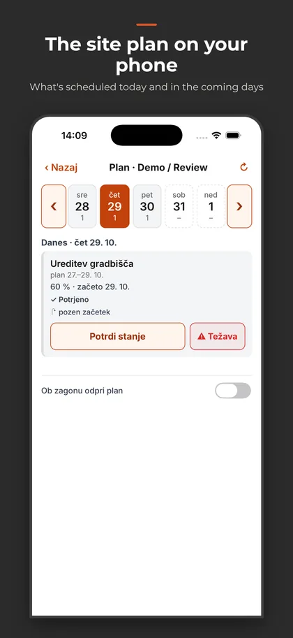 The site schedule on the phone, daily view