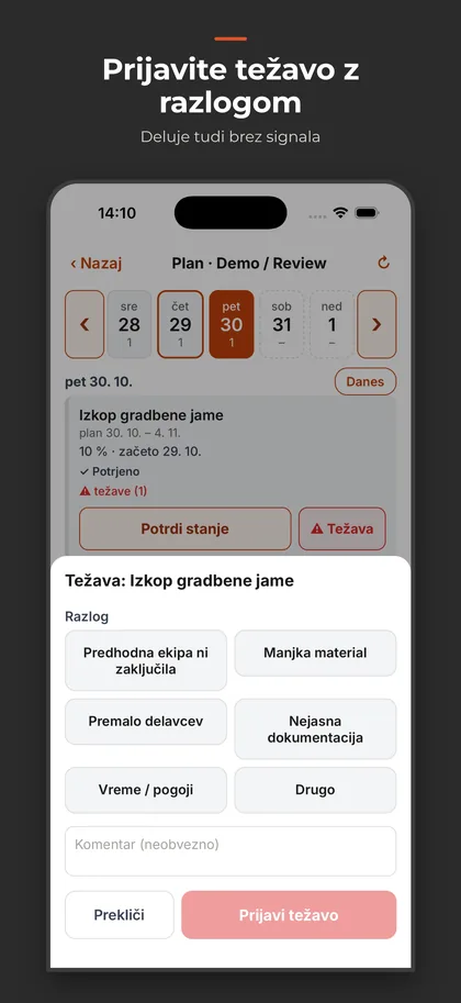 Prijava težave z razlogom, deluje tudi brez signala